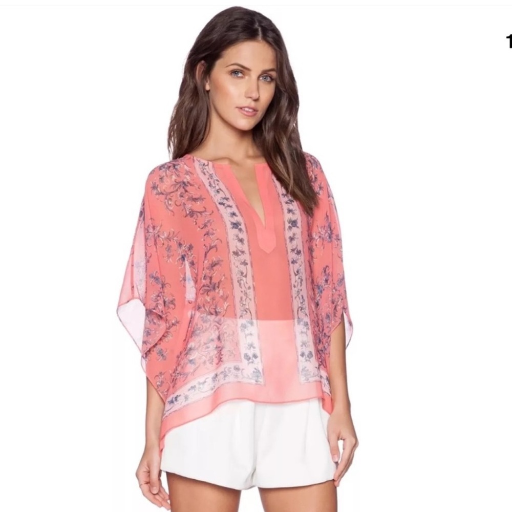 BCBG Maxazria Kaftan Coral Dove Tunic Blouse Top Pink Flowing Sheer size Medium